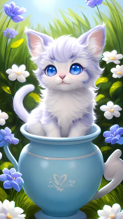 A kitten with a tiny tail, a small nose, small ears, blue eyes, blue background, flowers, vase, dream, caroline chariot-dayez pastels, tumblr, furry art, elokitty, Disneys Bambi cat, Disneys stylized furry, ears floating, fluffy tail, human cat, fluffy , f...