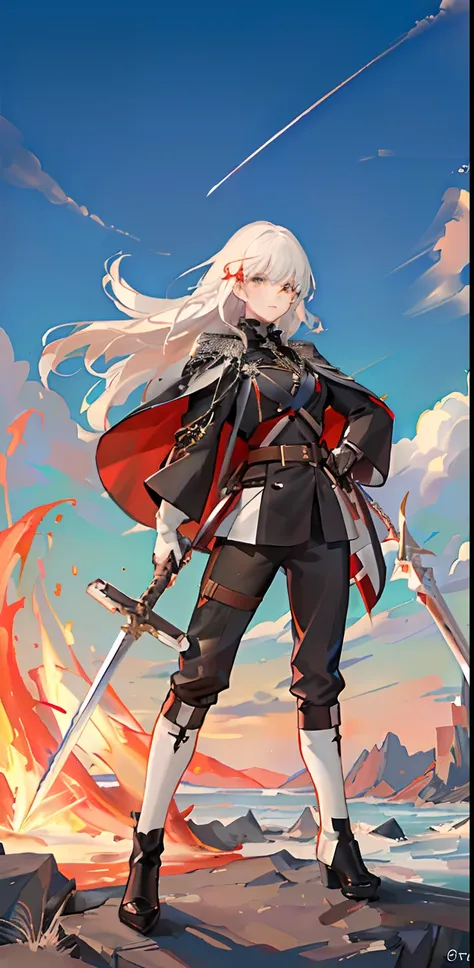 best qualityer，tmasterpiece，Ultimate resolution，downy，Extremely colorful，Colorful，Black and red military uniforms，Stand with sword in both hands，sideways standing，legs separated，long  white hair，a matural female，There is fire in the background，Sword marks，...