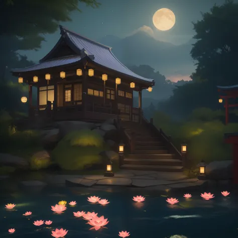 Works of masters，hyperrealistic photo，ultra HD wallpaper，clear night sky，Moon，starrysky，Dense woods，Far Mountain，Ancient Japanese-style houses，Transparent tiles（(Close-up of ultra-fine material)），Lanterns（(3D modeling，Beautifully structured)），stone steps，S...