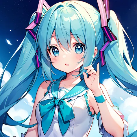 miku hatsune、birthday、39、Light blue twin tails、Mare、Skysky、Delicat eyes、1girl in、with light glowing、top-quality