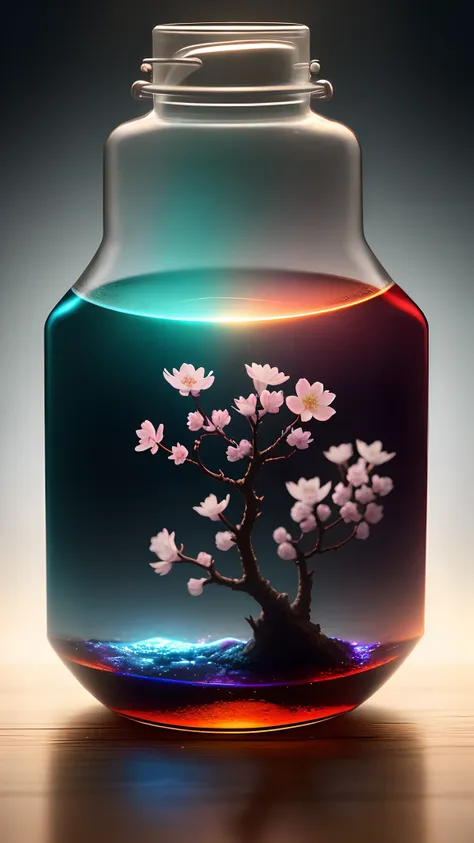 Cherry blossom tree in a bottle，Grows out of the bottle，nipple sticking out，fluffly，realisticlying，Atmospheric light refraction，Photo by Lee Jeffries，Nikon D850 Film Stock Photo 4 Kodak Portra 400 Camera F1.6 shots，rich colours，hyper realistic lifelike tex...