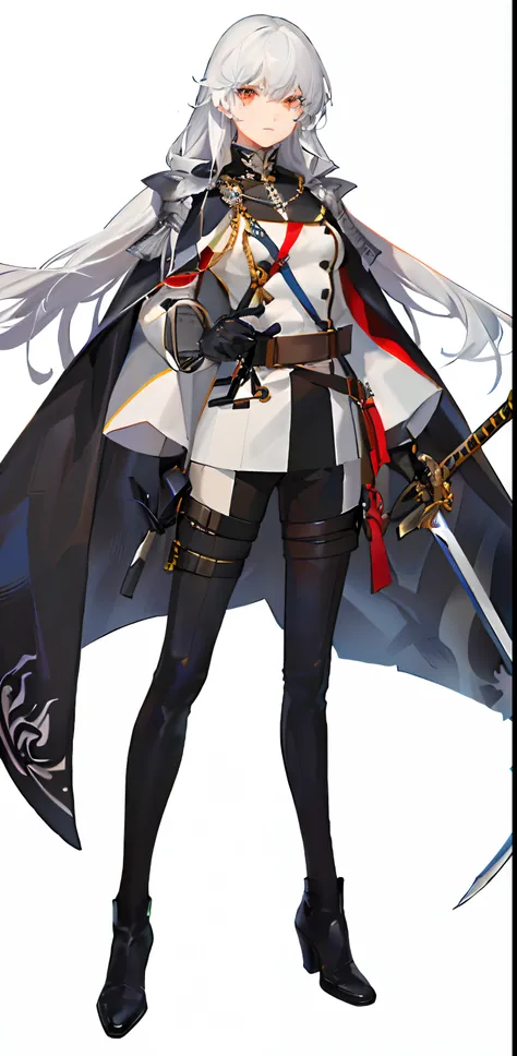 best qualityer，tmasterpiece，Ultimate resolution，downy，Extremely colorful，Colorful，Black and red military uniforms，Stand with sword in both hands，sideways standing，legs separated，long  white hair，a matural female，There is fire in the background，Sword marks，...