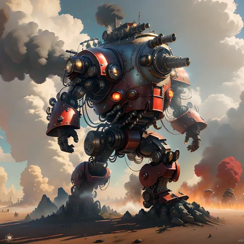 steampunc，Huge mech，Exposed power core，Heavy housing，Red mechanical eyes，Huge heavy giant sword，The red cloak dances in the wind，Aggressive stance，8K，Global illumination，Ray traching，Modeling，unreal render，best qualtiy，HDR，artstation