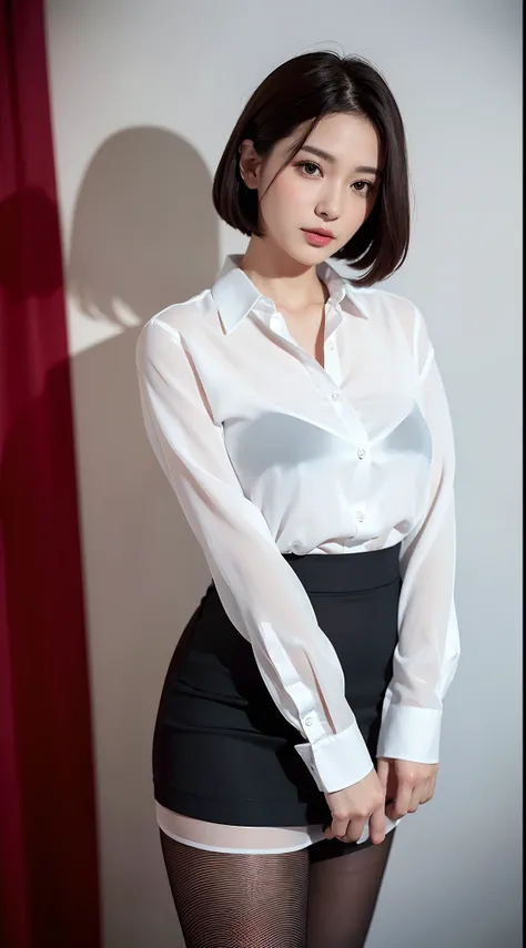 Face and hairstyle are :9,1270442595], Classy upper class elite woman in white open shirt and black skirt, Wearing a strict white shirt, Wearing pantyhose、Wear high-end high heels、(Short Layer Hair), Girl wearing ultra-thin shirt, Wearing a white shirt, We...