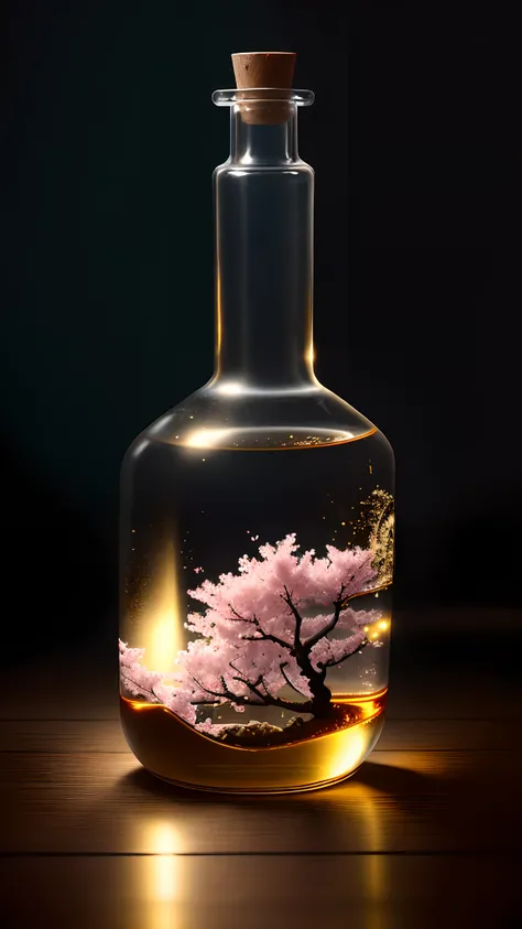 Cherry blossom tree in a bottle，Grows out of the bottle，nipple sticking out，fluffly，realisticlying，Atmospheric light refraction，Photo by Lee Jeffries，Nikon D850 Film Stock Photo 4 Kodak Portra 400 Camera F1.6 shots，rich colours，hyper realistic lifelike tex...