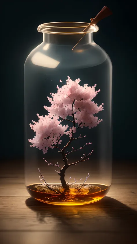 Cherry blossom tree in a bottle，Grows out of the bottle，nipple sticking out，fluffly，realisticlying，Atmospheric light refraction，Photo by Lee Jeffries，Nikon D850 Film Stock Photo 4 Kodak Portra 400 Camera F1.6 shots，rich colours，hyper realistic lifelike tex...