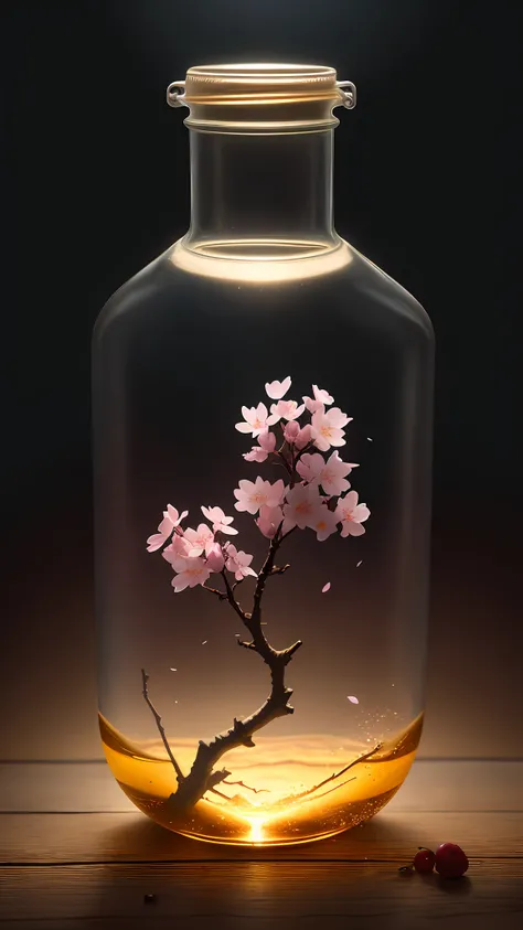 Cherry blossom tree in a bottle，Grows out of the bottle，nipple sticking out，fluffly，realisticlying，Atmospheric light refraction，Photo by Lee Jeffries，Nikon D850 Film Stock Photo 4 Kodak Portra 400 Camera F1.6 shots，rich colours，hyper realistic lifelike tex...