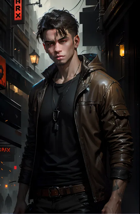 there is a man in a leather jacket standing in a city, stylized urban fantasy artwork, wojtek fus, portrait of a cyberpunk man, cyberpunk street goon, neoartcore and charlie bowater, cyberpunk character art, cyberpunk character, inspired by Adrian Zingg, h...