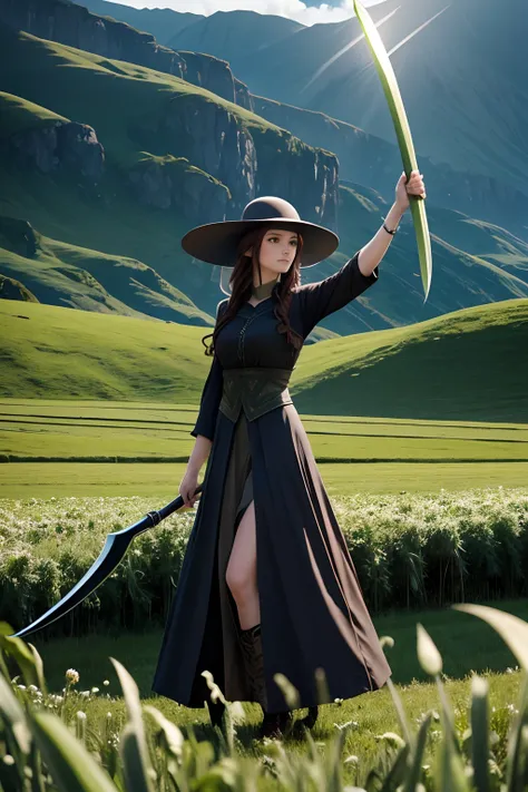 high qulity，Animate，faeries，The halo，Stout，Strong arms，Scythe in hand，Leek pattern clothing，levitating，Leek field