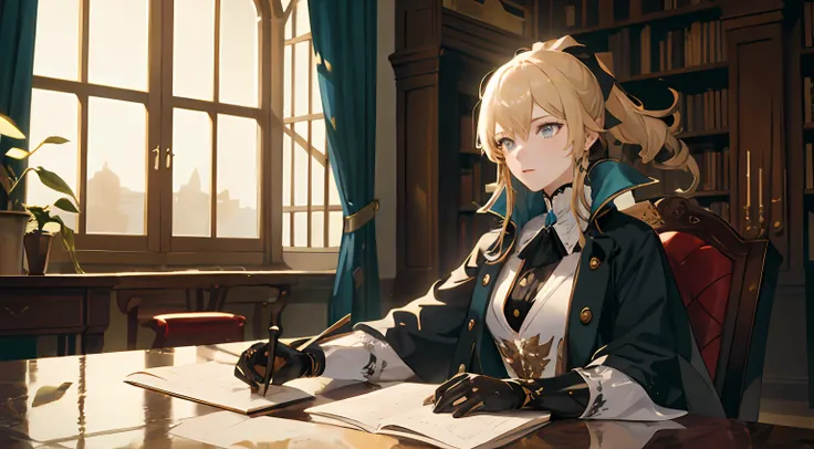 ((masterpiece,best quality)),(negative space:1.4),(1girl, solo:1.4),beautiful detailed eyes,floating blond ponytail hair, long white pants, sitting in big armchair an old library, books and papers on the table