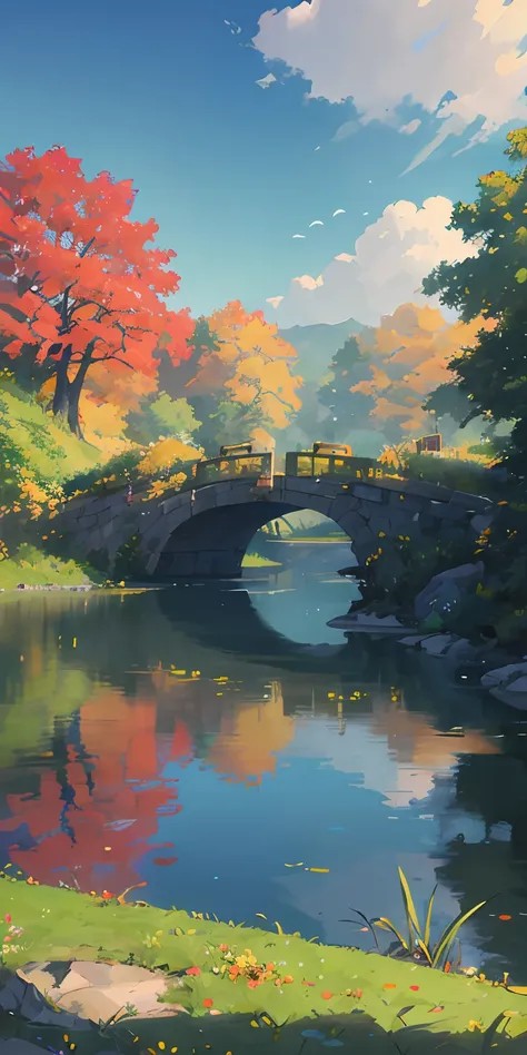 Chinese big breasts、The sky is half、autumn scenery、ginkgo leaf、jungles、lakes，The tree、grassy fields、Rochas、hydrosphere、（illustratio：1.0）、Epic composition、Realistic light、high definition detail、tmasterpiece、Best quality，（非常详细的 CG 统一 8k 壁纸）