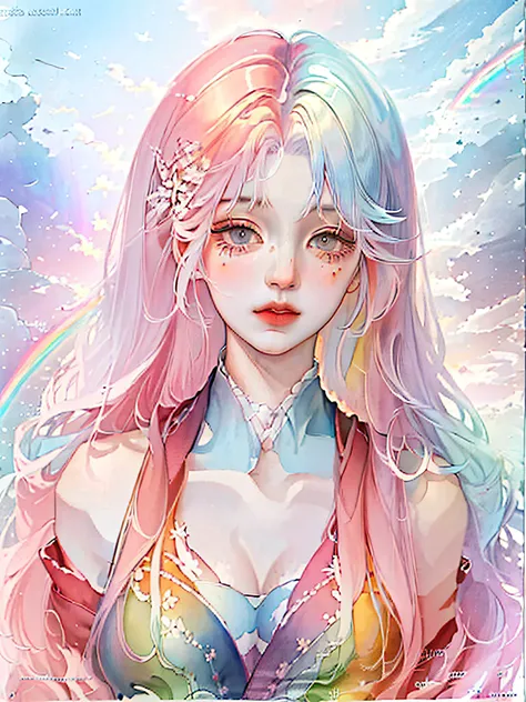 (masterpiece, top quality, best quality,watercolor (medium),official art, beautiful and aesthetic:1.2),(1girl:1.3), (fractal art:1.3),upper body, from side, looking at viewer,patterns,(rainbow color Hair,colorful hair,half blue and half pink hair:1.2),wate...