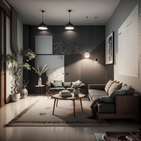 Interior design，liveroom，European minimalist style，Minimalist，nordic，Black ash，Light-colored furniture，Multi-angle display，a 3D render、cozy indoor lighting、8K，terrazzo，janelas，Simple wall lamp，Concise wind