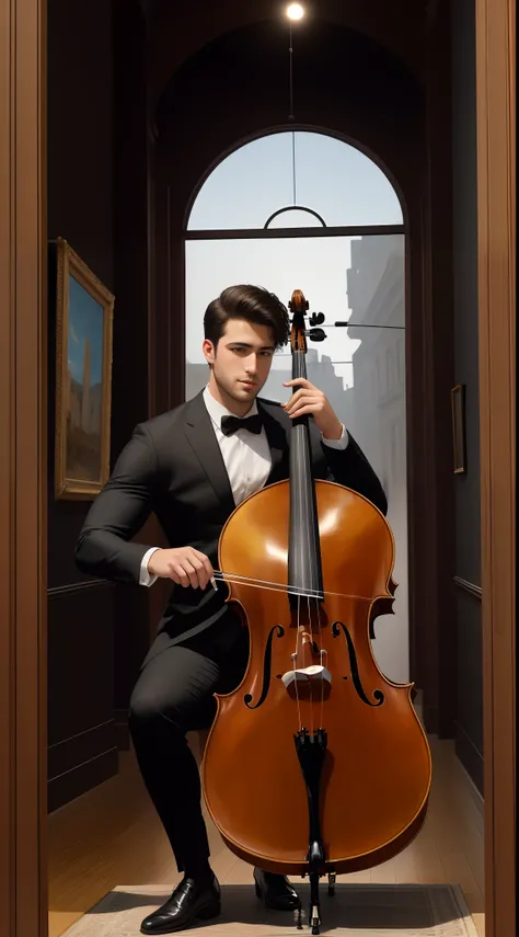 Handsome muscular Cellist Sam Kahre playing cello in the center of busy art gallery with landscape paintings dark dim atmosphere