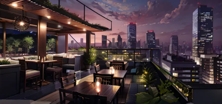 There is a patio with sofas and lights, rooftop romantic, city rooftop,rooftop pools，rooftop party,There is red wine，Bar rooftop party， set in tokyo rooftop, background artwork, highly detailed scenario, realistic scene, Rooftop, Stylized urban fantasy art...