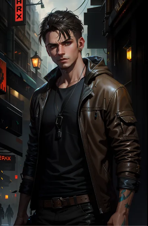 there is a man in a leather jacket standing in a city, stylized urban fantasy artwork, wojtek fus, portrait of a cyberpunk man, cyberpunk street goon, neoartcore and charlie bowater, cyberpunk character art, inspired by Adrian Zingg, cyberpunk character, h...