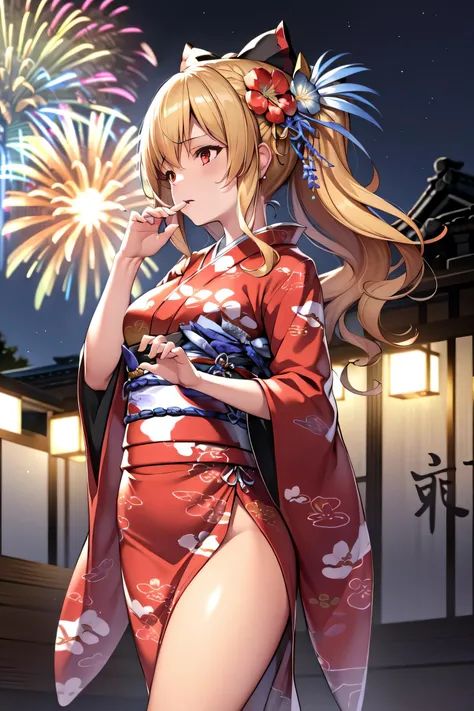 masterpiece, best quality, absurdres, perfect anatomy, 1girl, solo, ViraGB, long hair, ponytail, japanese clothes, hair flower, wide sleeves, red kimono, sash, black bow, obi, floral print, festival, night, fireworks