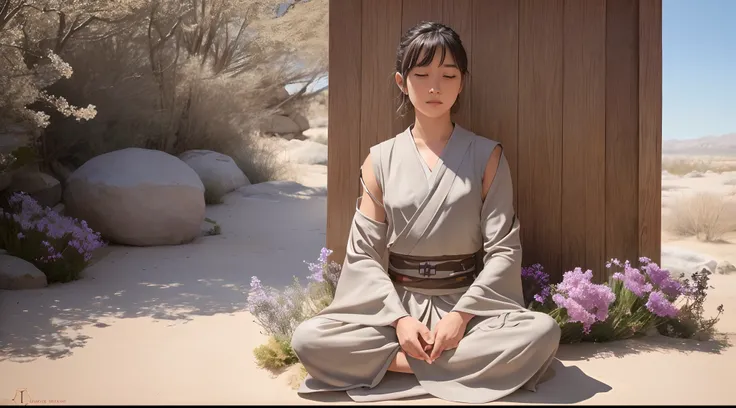 (Jedi meditation:1.3), serene photo,1girl, Jedi master in deep meditation, in jedioutfit, sitting cross-legged, (desert oasis:1.1), surrounded by blooming desert flowers, harmonizing with the Force, spiritual retreat, transcendent tranquility, desert enlig...