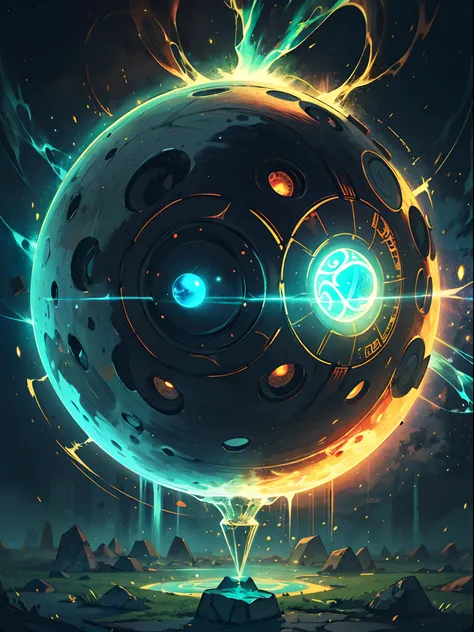 rune, spherical hole carving, power stone, place of power, magical aura, glowing, magical, mystical, mythical, intricate details, intense, glorifying, epic, masterpiece, night time, power overflowing, neon, dark, gloomy