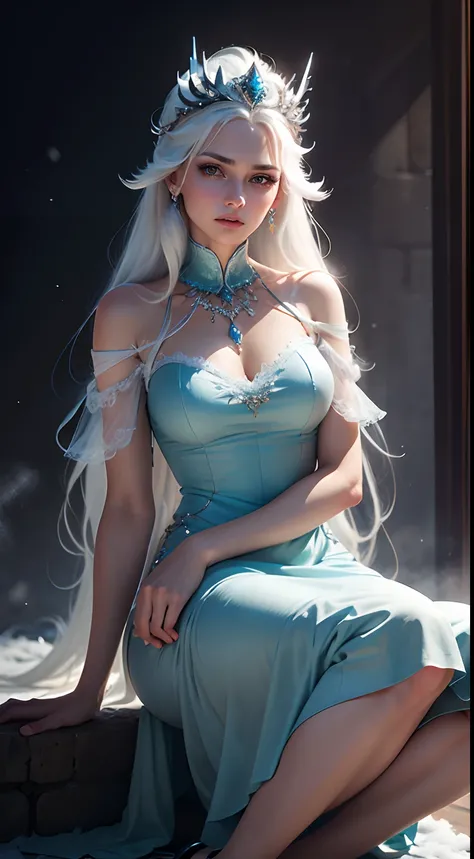 Snow Queen, Ice Blue Dress, Long Hair, Ice Headgear, Ice Crystal Necklace, Ice Wand, High Heels, Icy Eyes, Breath of the Ice Queen, Top Shot, Loose Hair, Master Works, Best Picture Quality, More Detail, Ultra High Resolution, Mood Lighting, Soft Light, Amb...