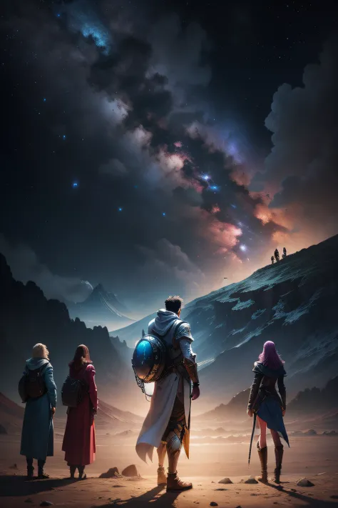 1 Male travels through another world，I held 1 woman in my left hand，On the right hand side stood a woman，There was also a group of women behind him，starrysky，planet earth