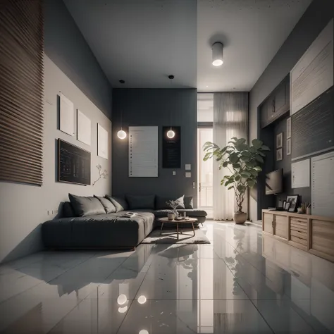 Interior design，liveroom，European minimalist style，Minimalist，Nordic style，(Black ash)，Black furniture，Multi-angle display，a 3D render、cozy indoor lighting、8K，terrazzo，janelas，Simple wall lamp，Concise wind，broad,Floor-to-ceiling windows,Dark marble floor t...