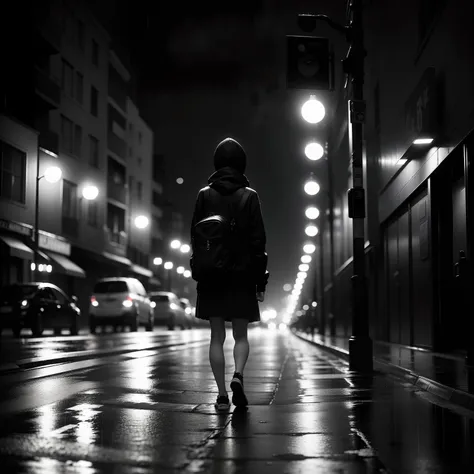 (Lonely teenager walking on the road，black andwhite，rainy days，streetview，Blurry light and shadow，Warm light，Gloomy mood，The city at night，Chilled atmosphere)