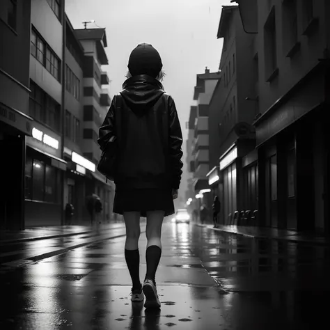 (Lonely teenager walking on the road，black andwhite，rainy days，streetview，Blurry light and shadow，Warm light，Gloomy mood，The city at night，Chilled atmosphere)