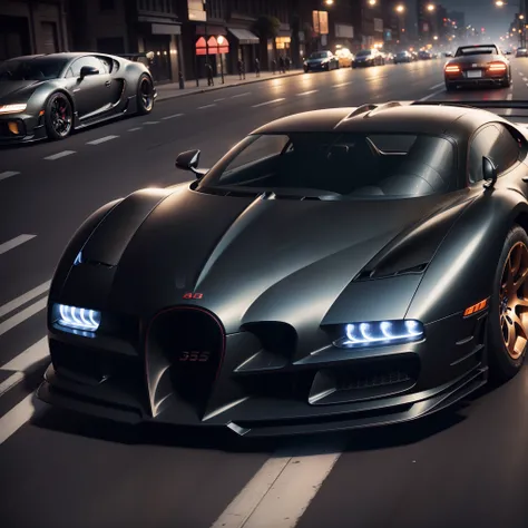 Black bugatti drifting on the street, night time, photorealistic image, 8k, ultra HD, unreal engine rendered, cinematic lighting,  artgerm style