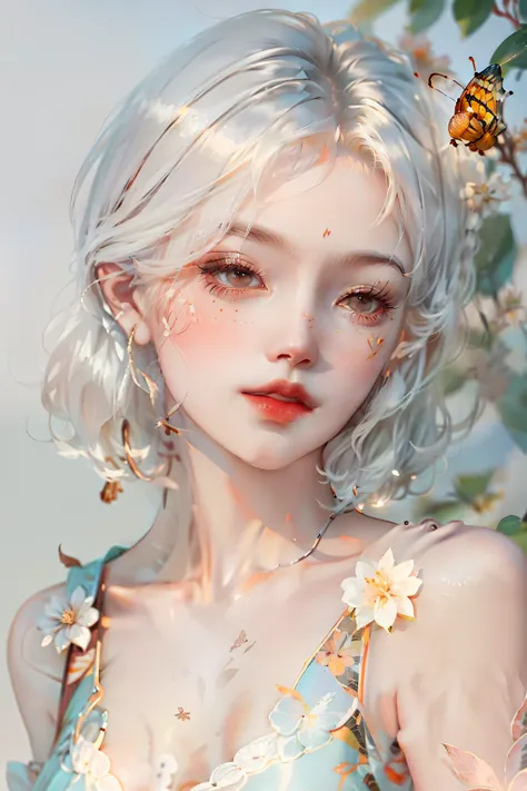 Short white hair, Orange swimsuit surrounded by bees，Beautiful and delicate illustrations，High-quality CG work，With good light and shadow detail。