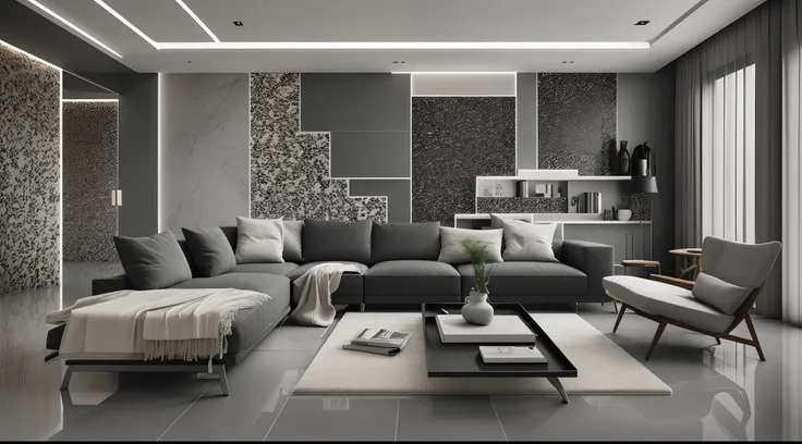 Interior design，liveroom，European minimalist style，Minimalist，Nordic style，(Black-gray tones)，Black furniture，Multi-angle display，a 3D render、cozy indoor lighting、8K，terrazzo，janelas，Simple wall lamp，Concise wind，broad,floor to ceiling window,Dark floor ti...