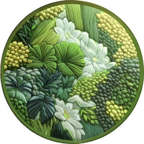 Close up of round picture of green and white plants, author：Master of embroidered leaves, Large pore fungal embroidery, green color), inspired by Master of the Embroidered Foliage,  fabric embroidery, green color, detailed plants, lush vista, Embroidery, i...