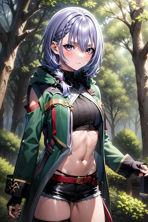 luna jacket, black shorts, thighhigh, silver hair, loose braid, beautiful face, forest background, (masterpiece:1.2), best quali...