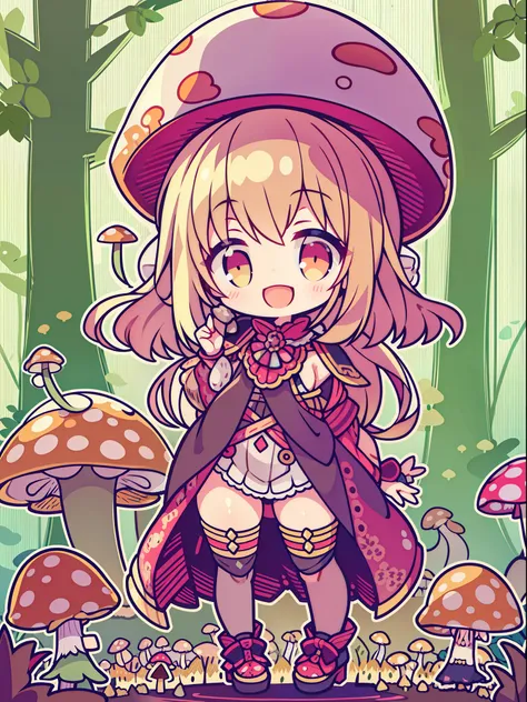 chibi girl, mushroom on head, big smile,