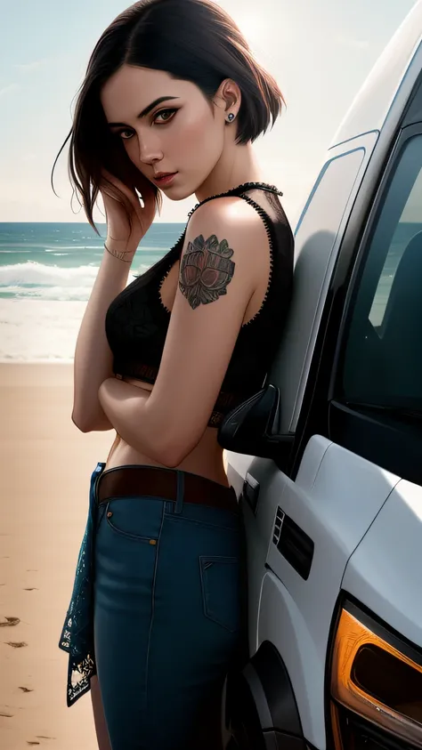 photo of the most beautiful artwork in the world featuring  a modern punk woman, leaning against a van on a California beach, trending on ArtStation, CGSociety, Intricate, High Detail, Sharp focus, dramatic, photorealistic painting art by greg Rutkowski