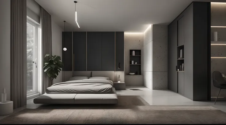 Interior design，liveroom，European minimalist style，Minimalist，Nordic style，(Black-gray tones)，Black furniture，Multi-angle display，a 3D render、cozy indoor lighting、8K，terrazzo，janelas，Simple wall lamp，Concise wind，broad,floor to ceiling window,Dark floor ti...