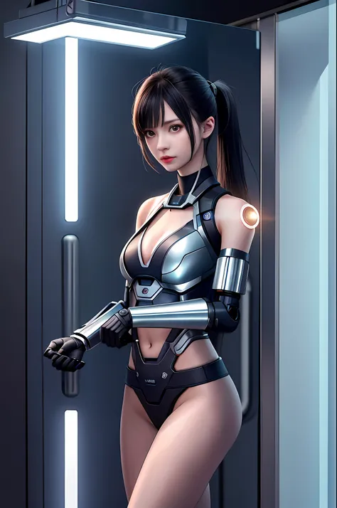 dystopian， [sci-fy]， High-detail RAW color photos， full-shot， s （cute female arterial intelligence， cybernetically enhanced）， inside in room， standing on your feet， （In a cryogenic chamber， In a state-of-the-art cyberpunk research facility）， Toned physique...