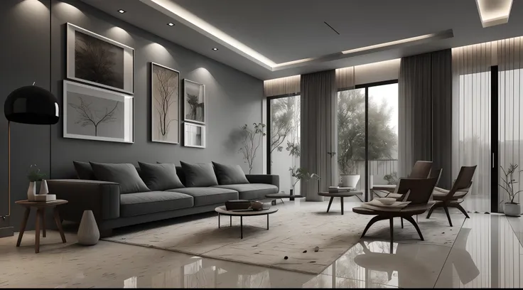 Interior design，liveroom，European minimalist style，Minimalist，Nordic style，(Black-gray tones)，Black furniture，Multi-angle display，a 3D render、cozy indoor lighting、8K，terrazzo，janelas，Simple wall lamp，Concise wind，broad,floor to ceiling window,Dark floor ti...