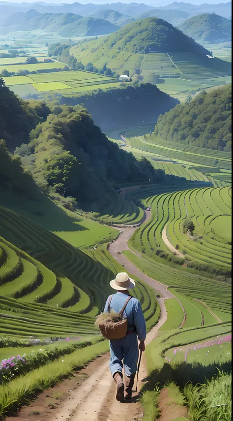 An old farmer carrying a flat burden, walking on the winding path of the countryside, big clouds, blue sky, rice fields, neat rice seedlings in the field, forest, hillside, secluded, countryside, HD detail, hyper-detail, cinematic, surrealism, soft light, ...