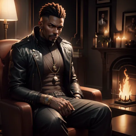 Black man (gangster) sitting in a chair, staring at the camera, fierce look, fire lamp in the background, photorealistic image, 8k, ultra HD, unreal engine rendered, cinematic lighting, artgerm style