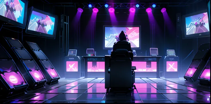 Big stage, empty space, big screen, front desk, computer, audience, lights, flashing, sound, blue and purple theme, esports game, cyberpunk style