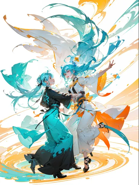 two girls dancing, long white and blue hair, clear glass material, Caustic,  particles, golden light, fluorescent, warm color palette, utilitarian, organic shapes and lines, illustration, danish design, facing front, bright light, bright color, realistic l...