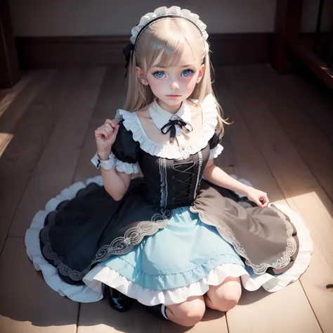 Very beautiful 8 year old girl wearing Lolita maid costume light hair light blue eyes super gorgeous details extreme picture quality sexy and charming full body photo kneeling on the ground wearing headband black and white maid skirt miniskirt with shy exp...