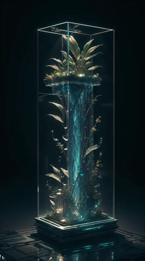 masterpiece of glass sculpture with plants inside, water, glowing, fantasy, high quality, high detail, best quality, rtx, 4k, 8k,