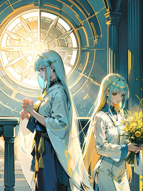 two girls praying, long white and blue hair, clear glass material, Caustic,  particles, golden light, fluorescent, warm color palette, utilitarian, organic shapes and lines, illustration, danish design, facing front, bright light, bright color, realistic l...