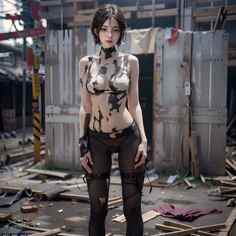 Abandoned construction sites，Sexy standing pose，(Full body portrait 1:1），Slender and slender figure，Skinny，As thin as a whipping post，Smaller bust，The barefoot，Random nudity throughout the body1.1，exhibitionists，Random exposure of genitals，face to the view...