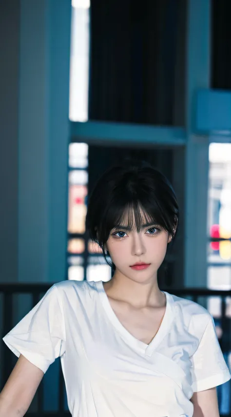 1girl, short black hair, blue eyes, wearing plain white shirt, city, absurdres, high res, ultrasharp, 8K, masterpiece, looking at viewer, tokyo, neons, face from the front