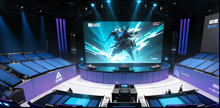 Big stage, empty space, big screen, audience, lights, flashing, sound, light blue theme, esports game, cyberpunk style