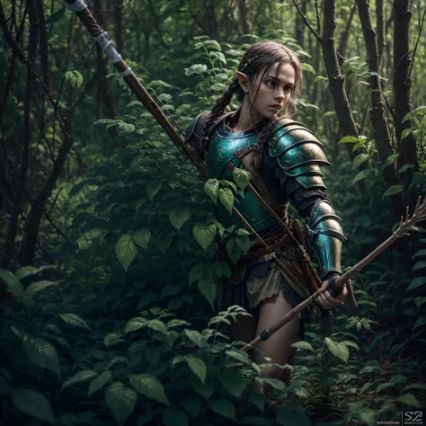 Elfo guerreiro na floresta: uma imagem de um elfo guerreiro de orelhas pontudas, cabelos loiros e olhos azuis. Hes wearing leather armor and holding a bow and quiver of arrows. Hes in a green, sunlit forest. The artistic style is realistic and detailed. --...