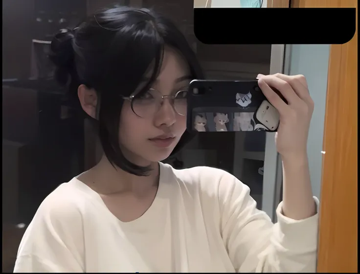 there is a woman taking a picture of herself in the mirror, ulzzangs, black hime cut hair, with same hairstyle, with short hair, 19-year-old girl, white hime cut hairstyle, With long hair, xintong chen, Guviz